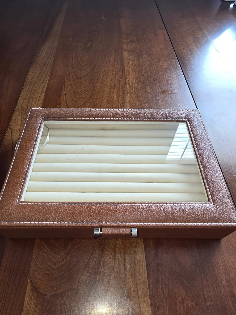 Tan Leather-Look Ring Storage Display with Glass Top, Excellent Condition